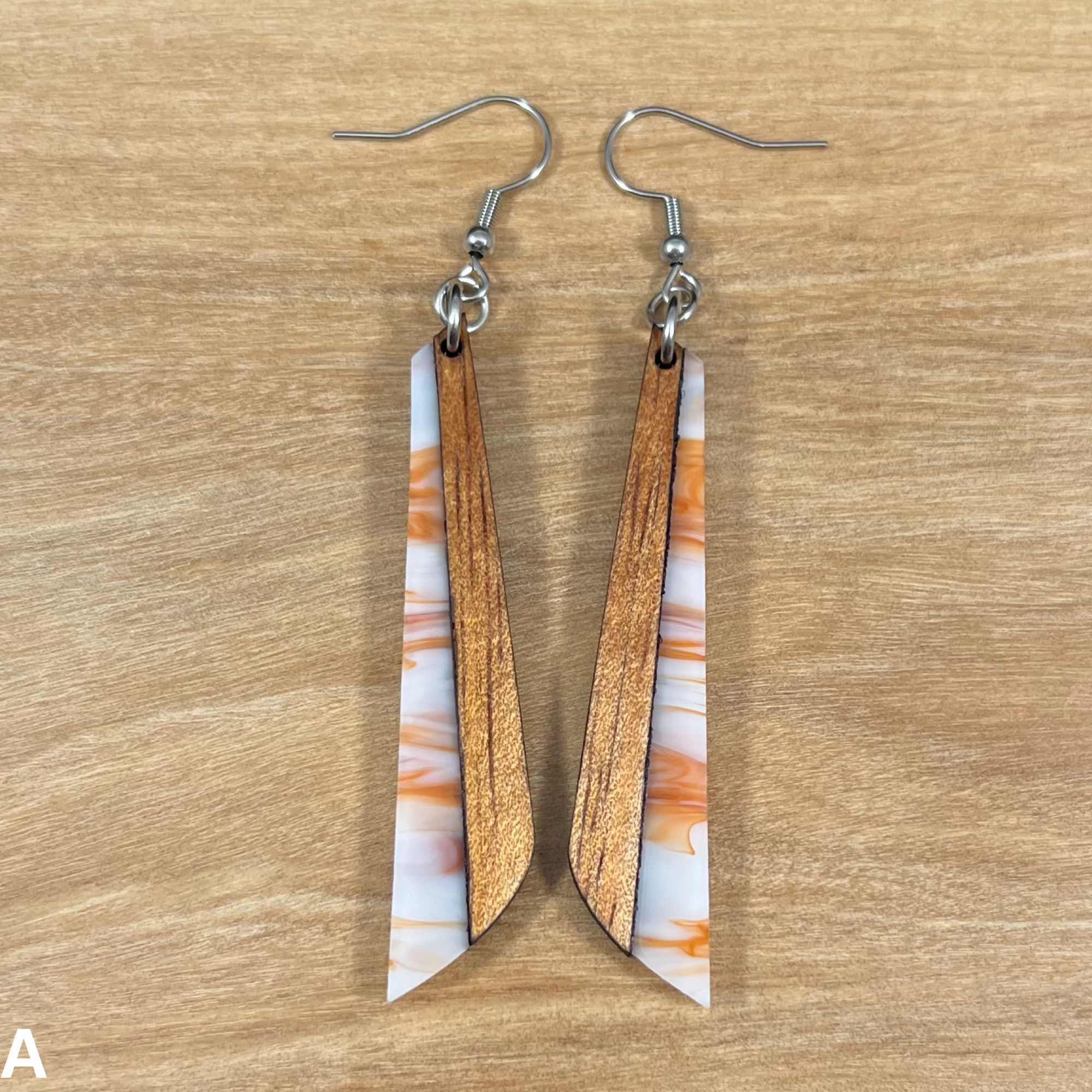 Acrylic and Koa Wood Earrings Orange Creme Swirl