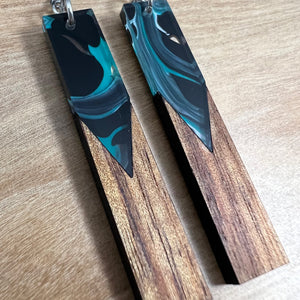 Acrylic and Koa Wood Earrings Teal Swirl