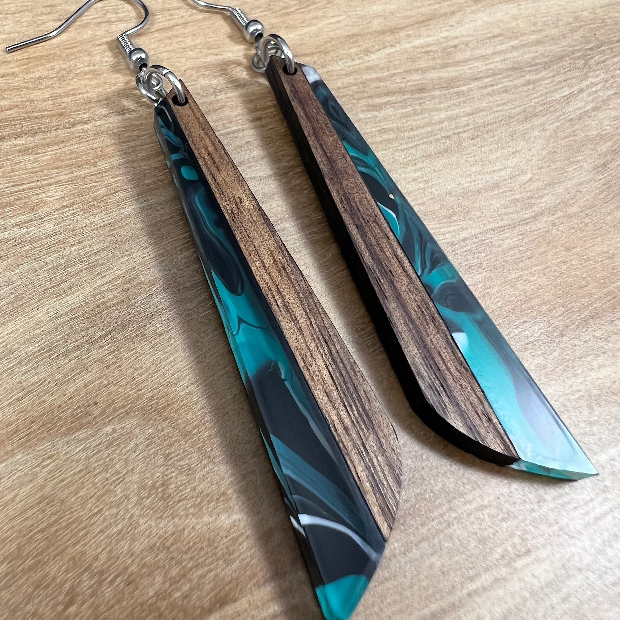 Acrylic and Koa Wood Earrings Teal Swirl