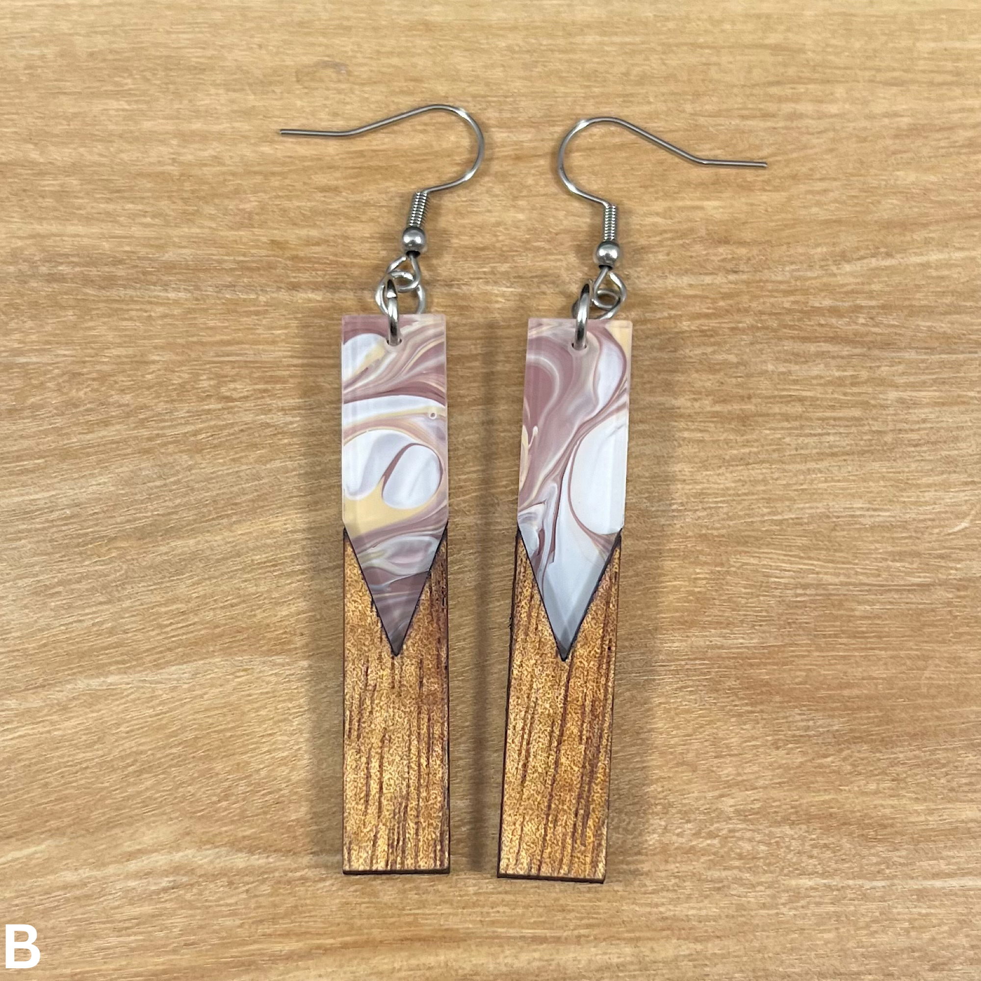 Acrylic and Koa Wood Earrings Mauve Swirl