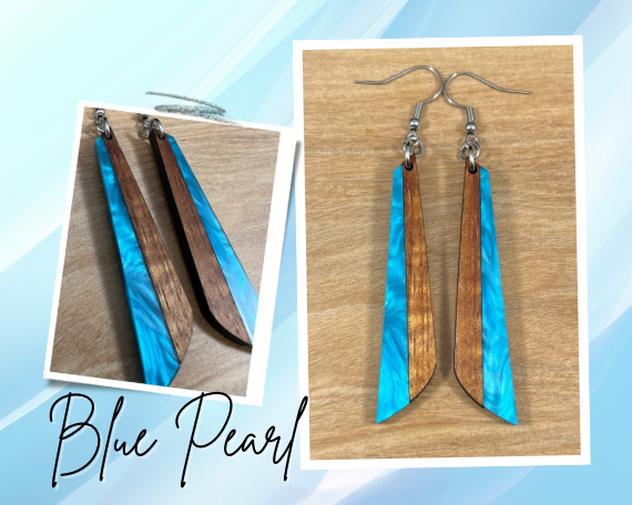 Acrylic and Koa Wood Earrings Blue Pearl