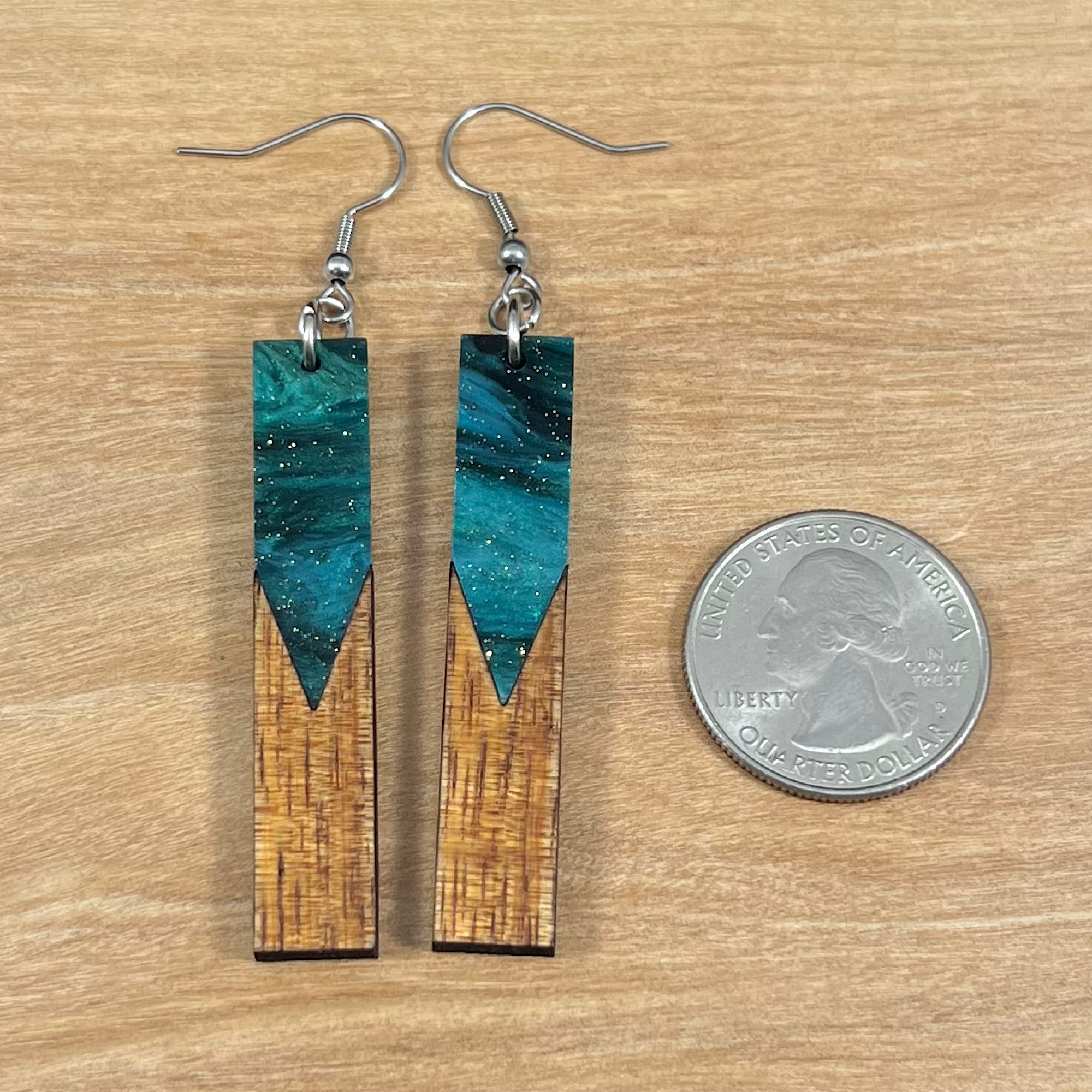 Acrylic and Koa Wood Earrings Emerald Starry Sky