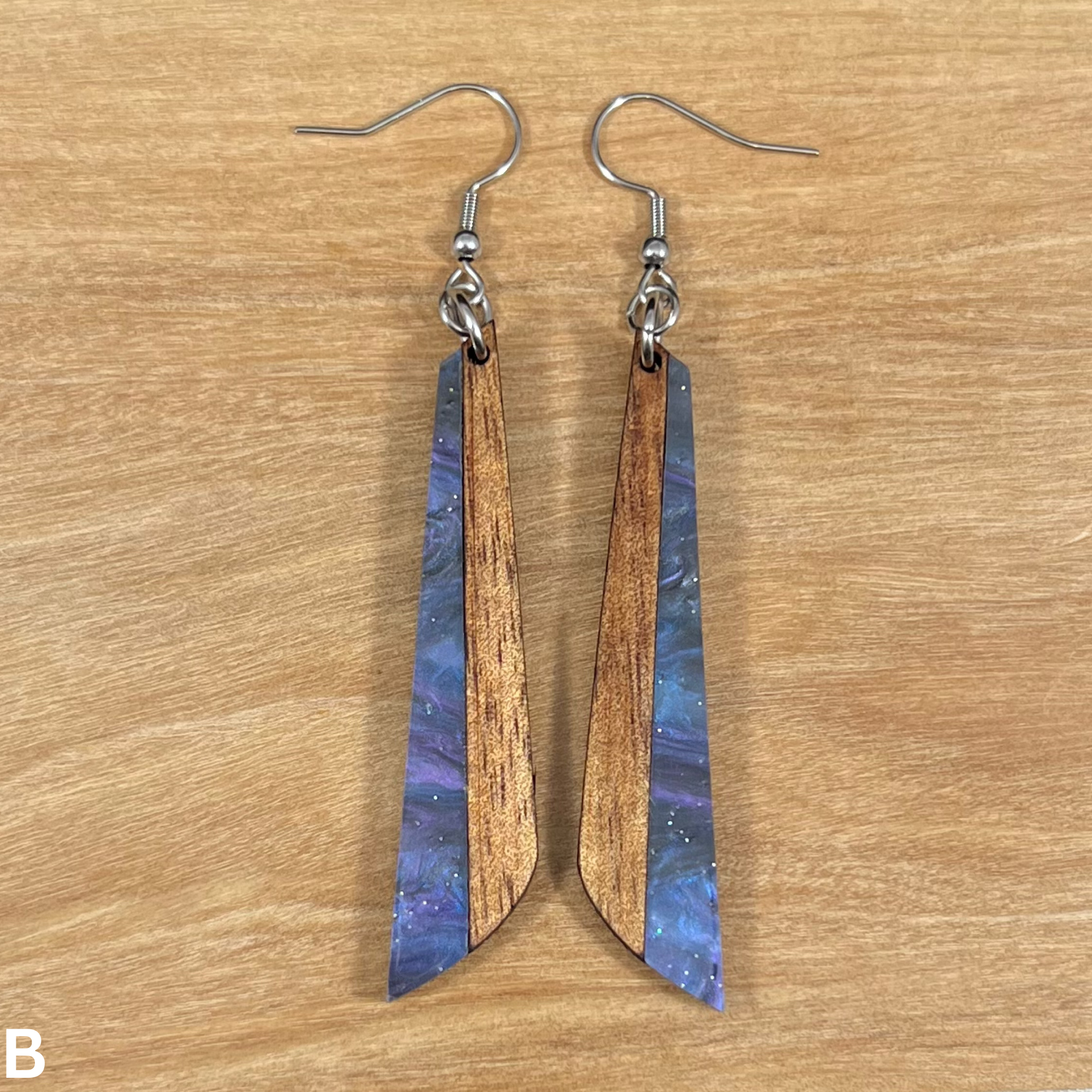 Acrylic and Koa Wood Earrings Purple Starry Sky