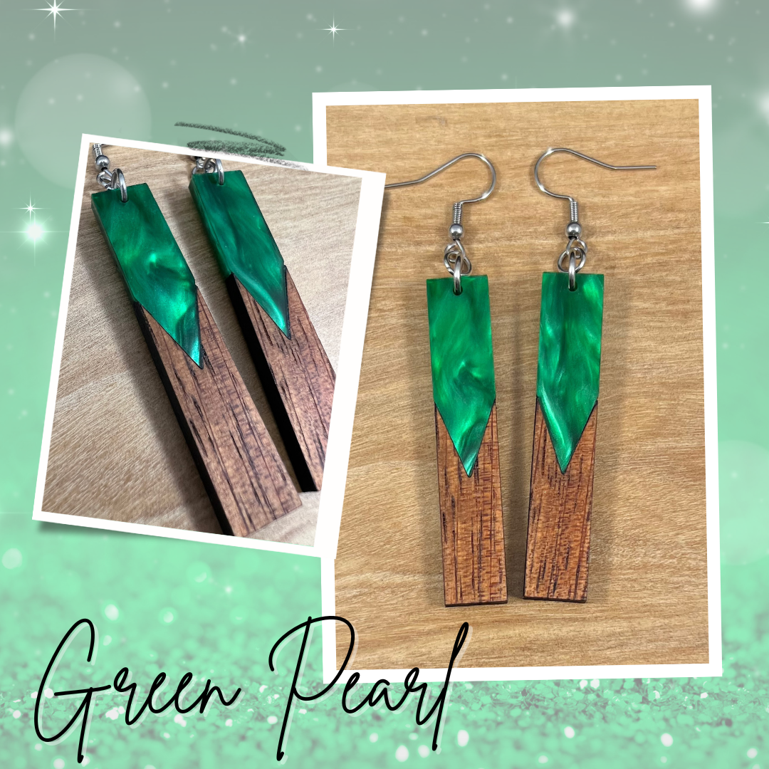 Acrylic and Koa Wood Earrings Green Pearl