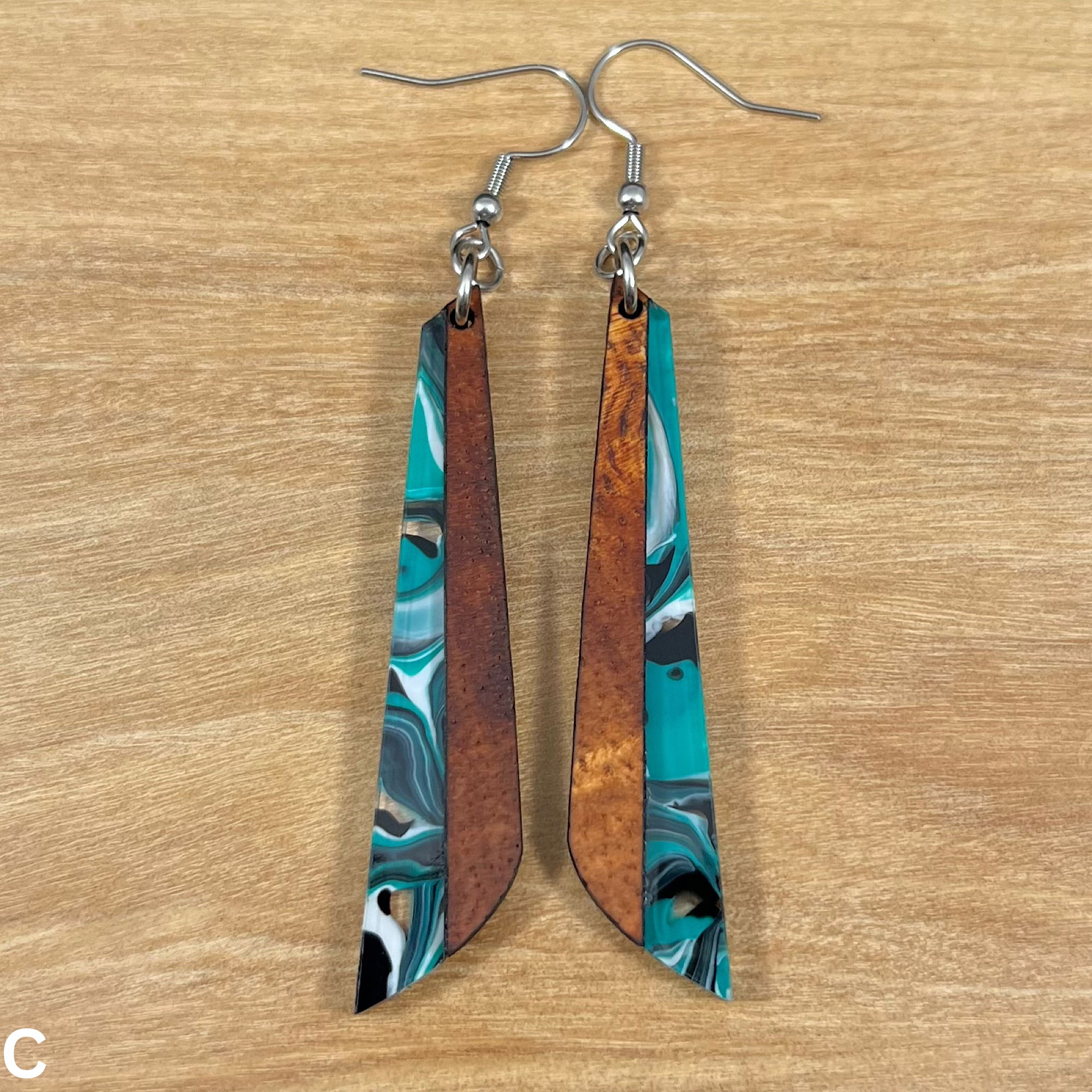 Acrylic and Koa Wood Earrings Teal Swirl