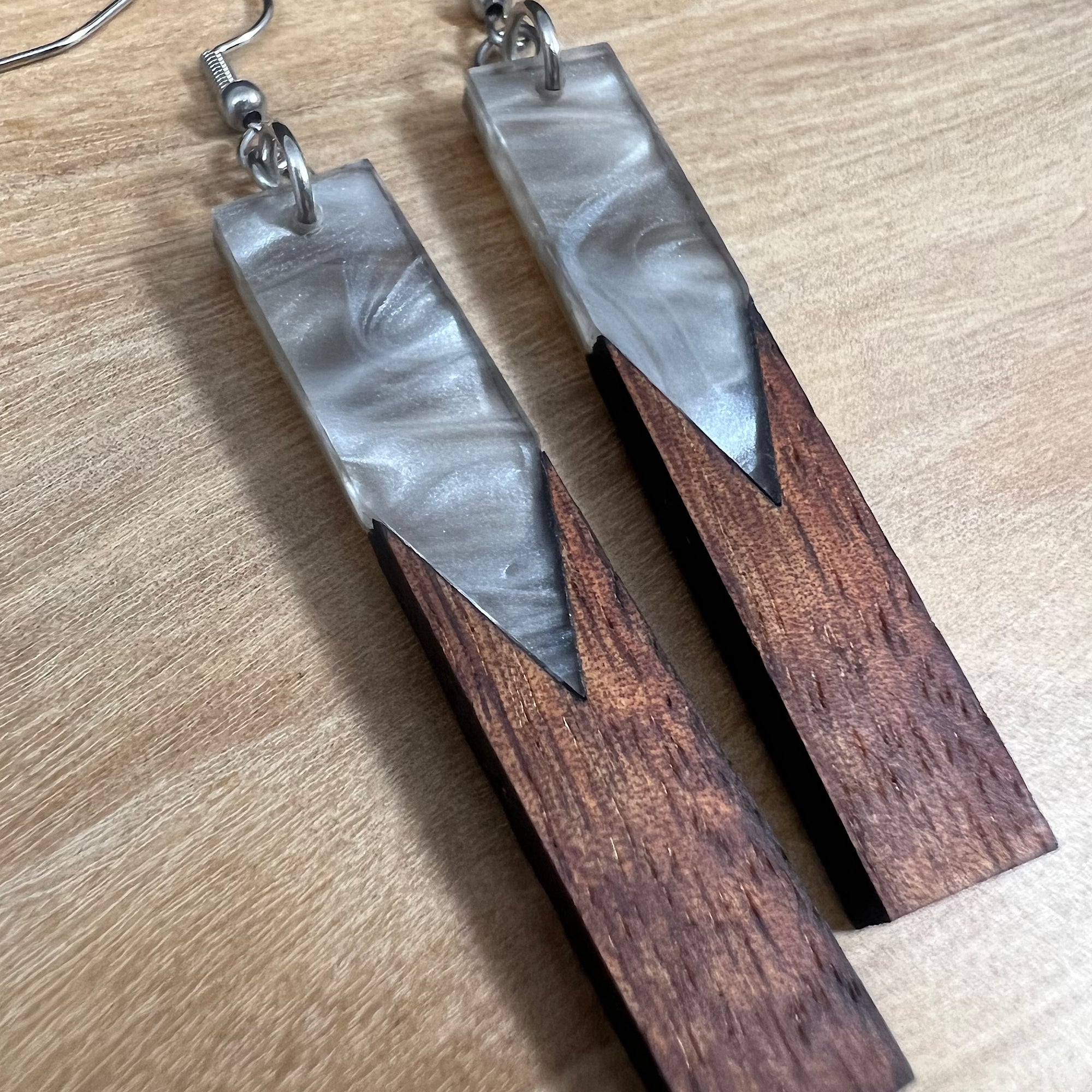 Acrylic and Koa Wood Earrings Gray Pearl