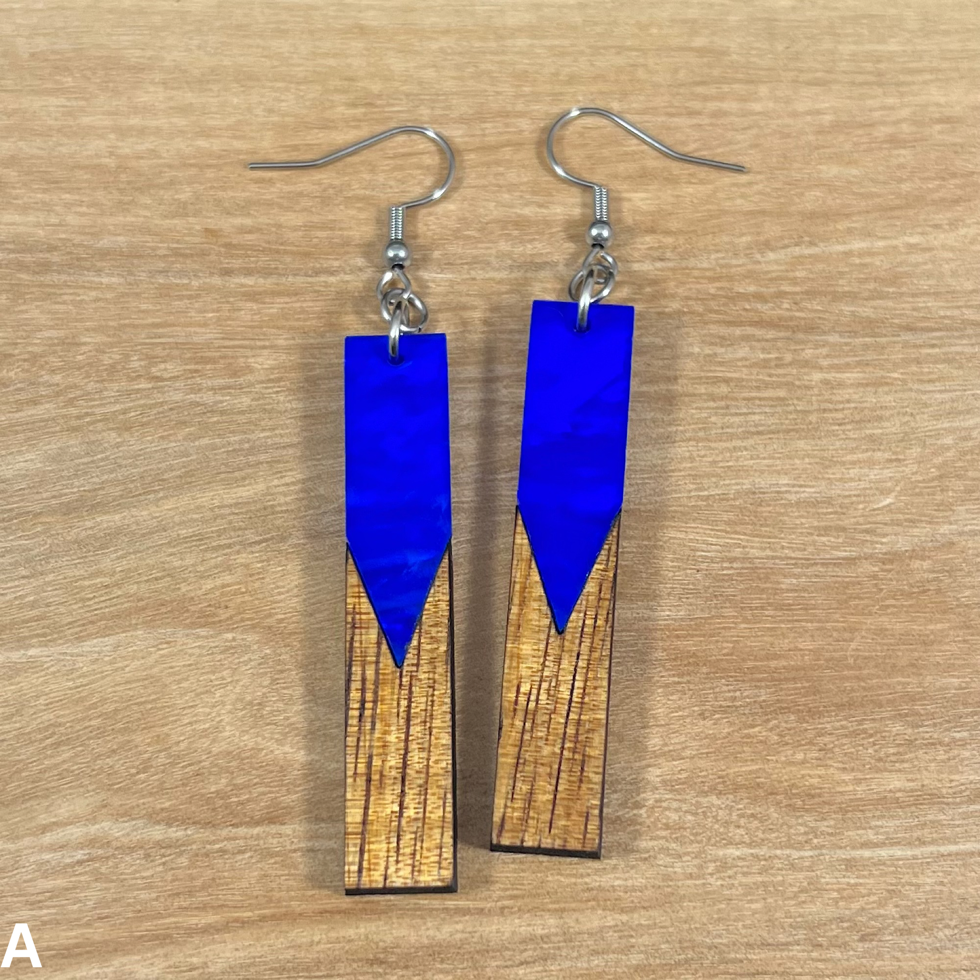 Acrylic and Koa Wood Earrings Ocean Blue Pearl