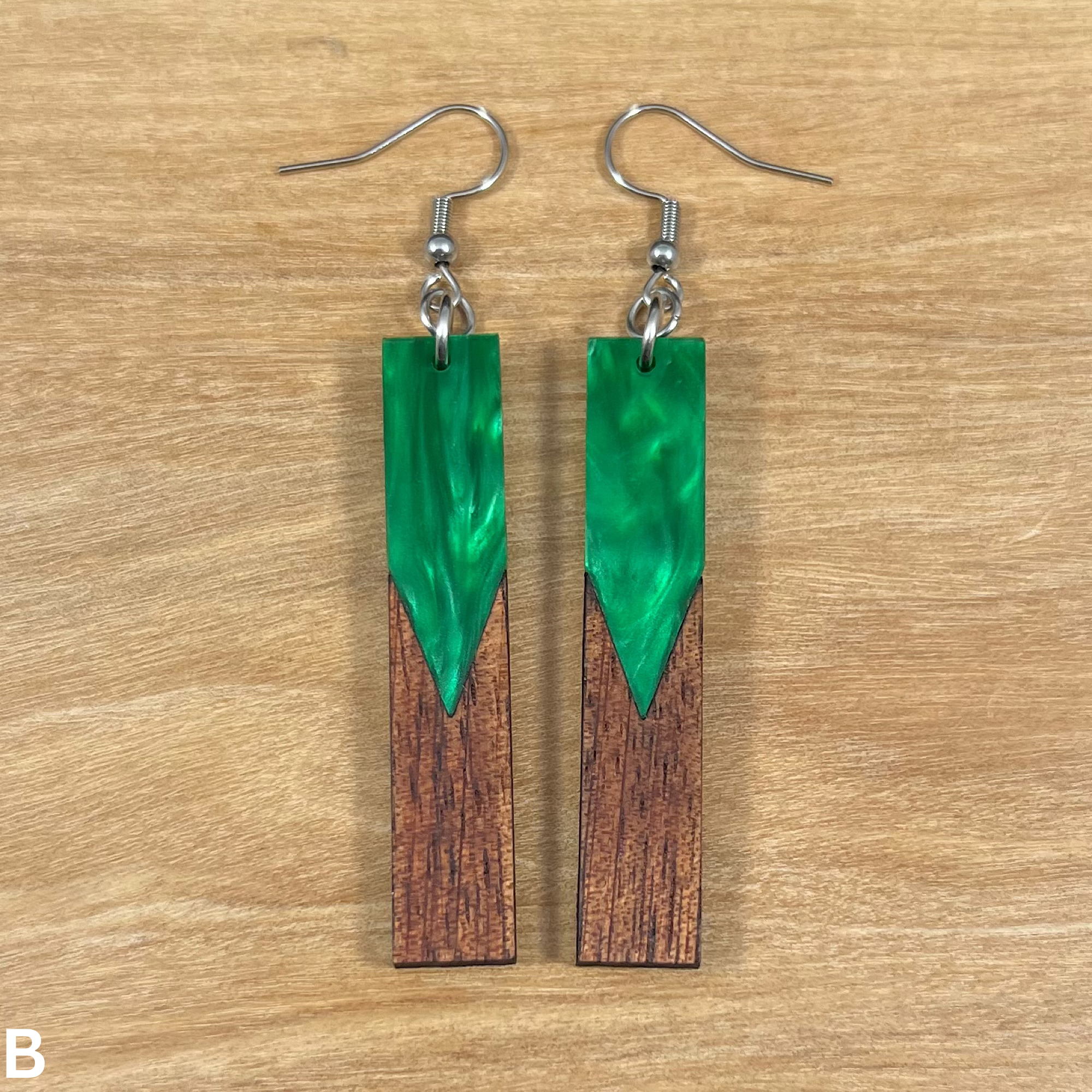 Acrylic and Koa Wood Earrings Green Pearl