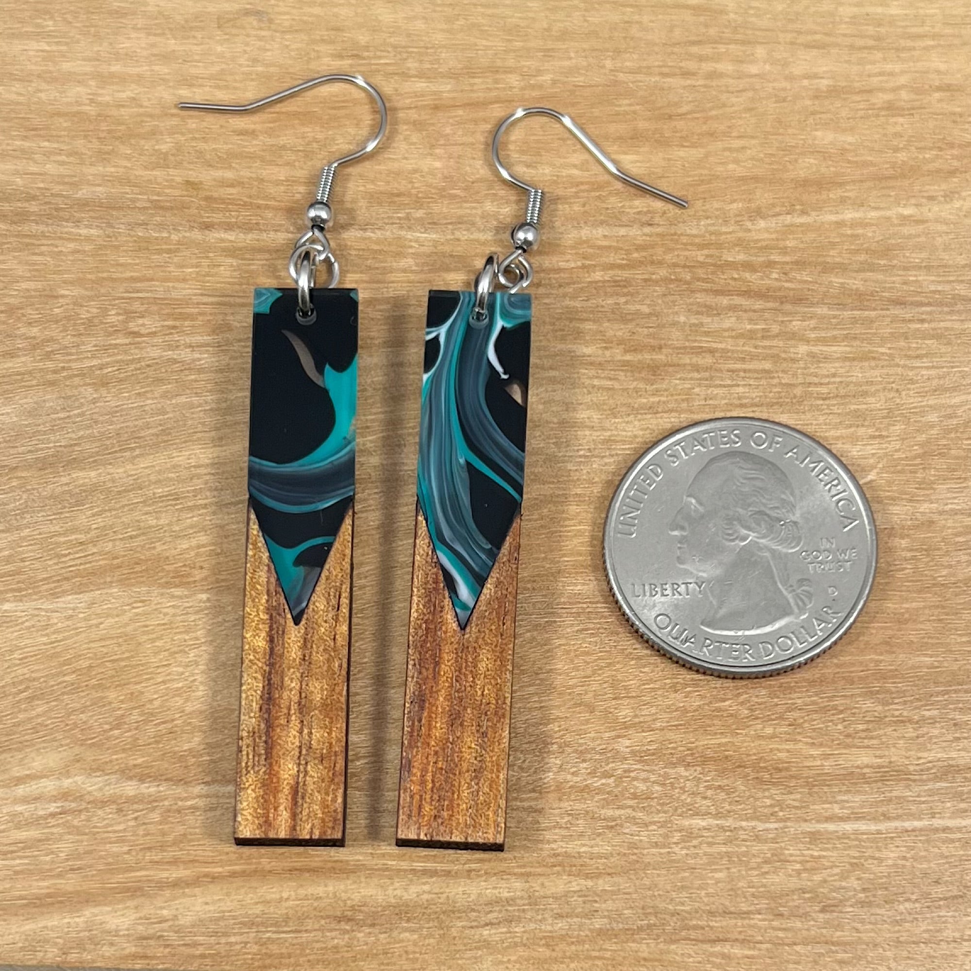 Acrylic and Koa Wood Earrings Teal Swirl