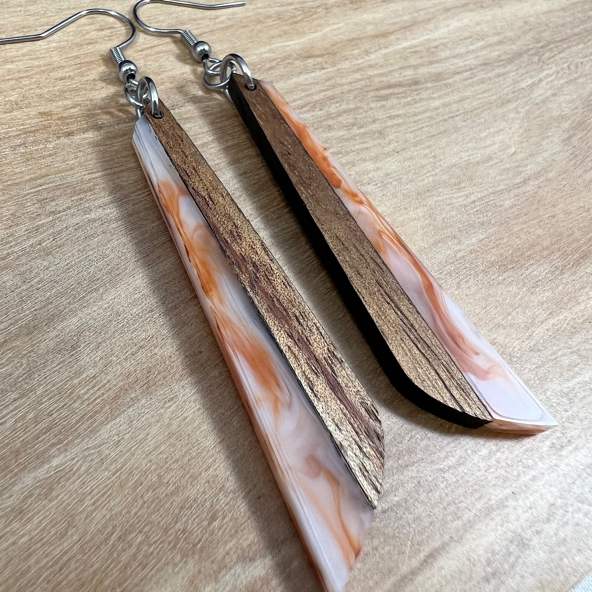 Acrylic and Koa Wood Earrings Orange Creme Swirl