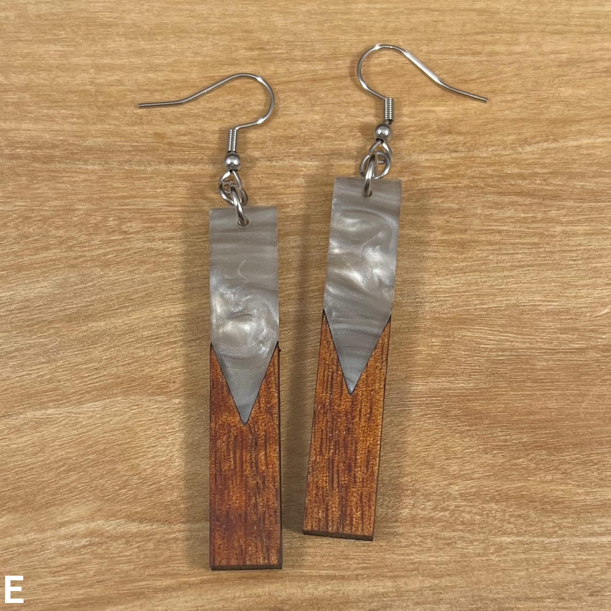 Acrylic and Koa Wood Earrings Gray Pearl