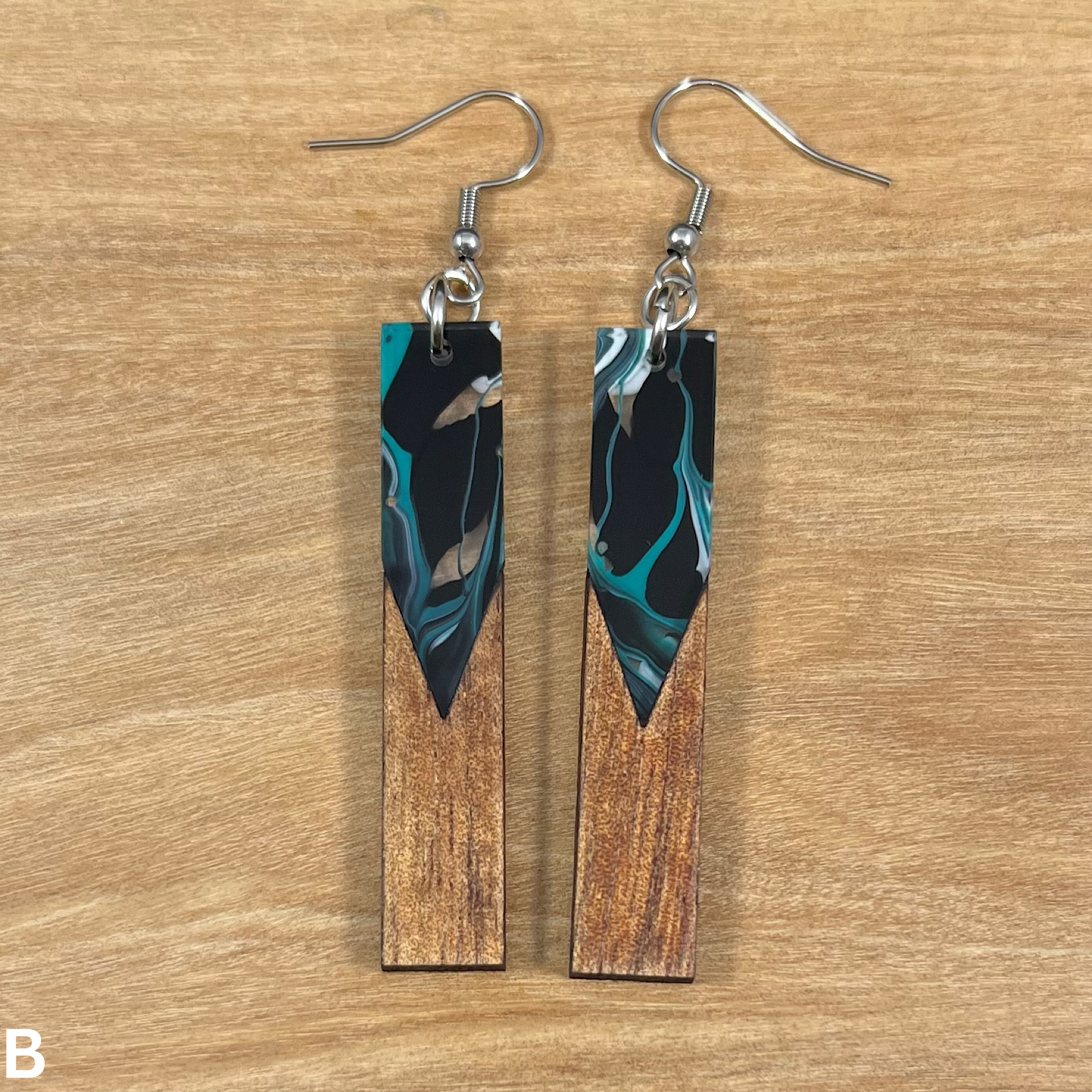 Acrylic and Koa Wood Earrings Teal Swirl