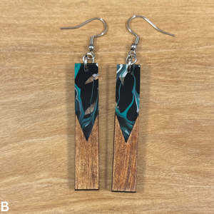 Acrylic and Koa Wood Earrings Teal Swirl