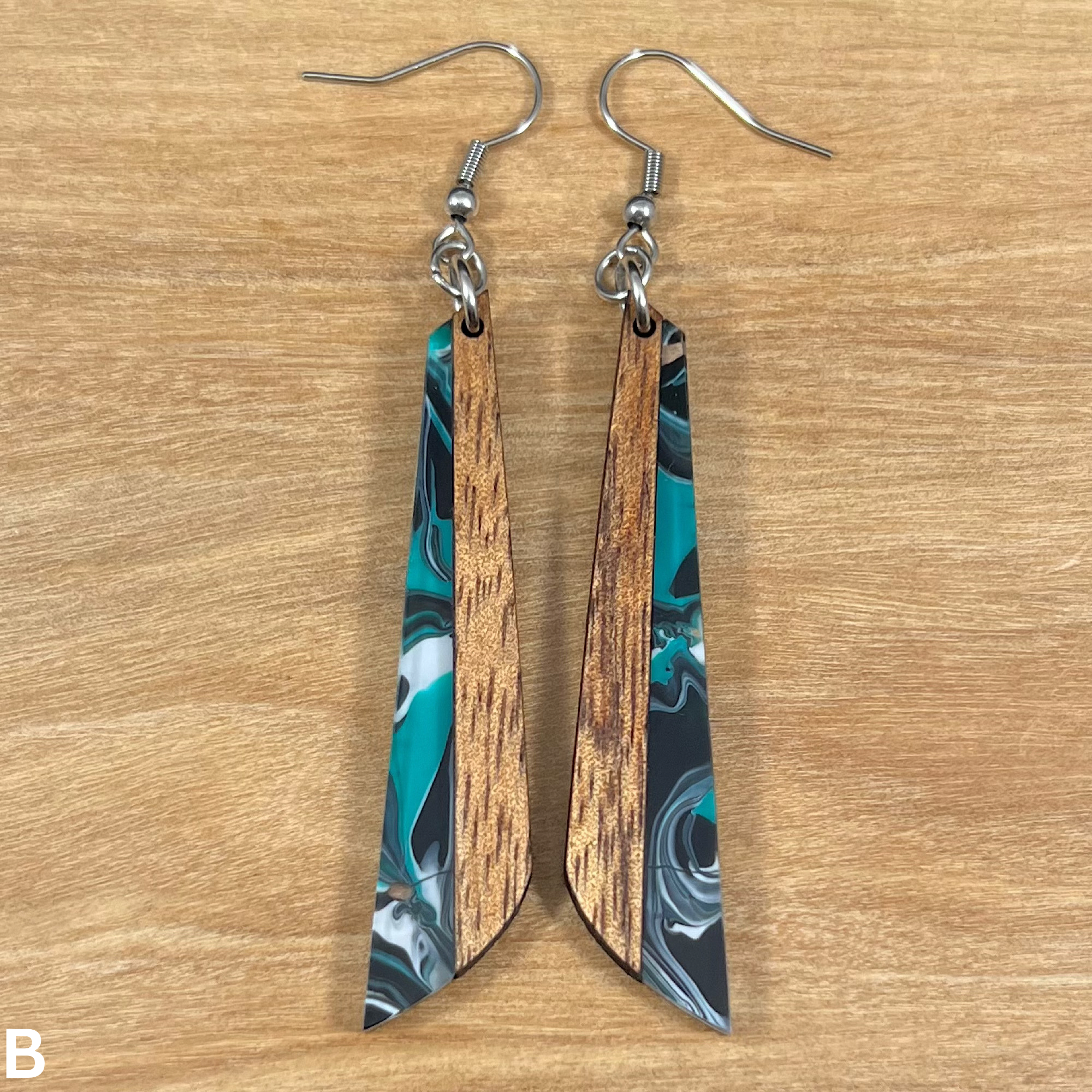 Acrylic and Koa Wood Earrings Teal Swirl