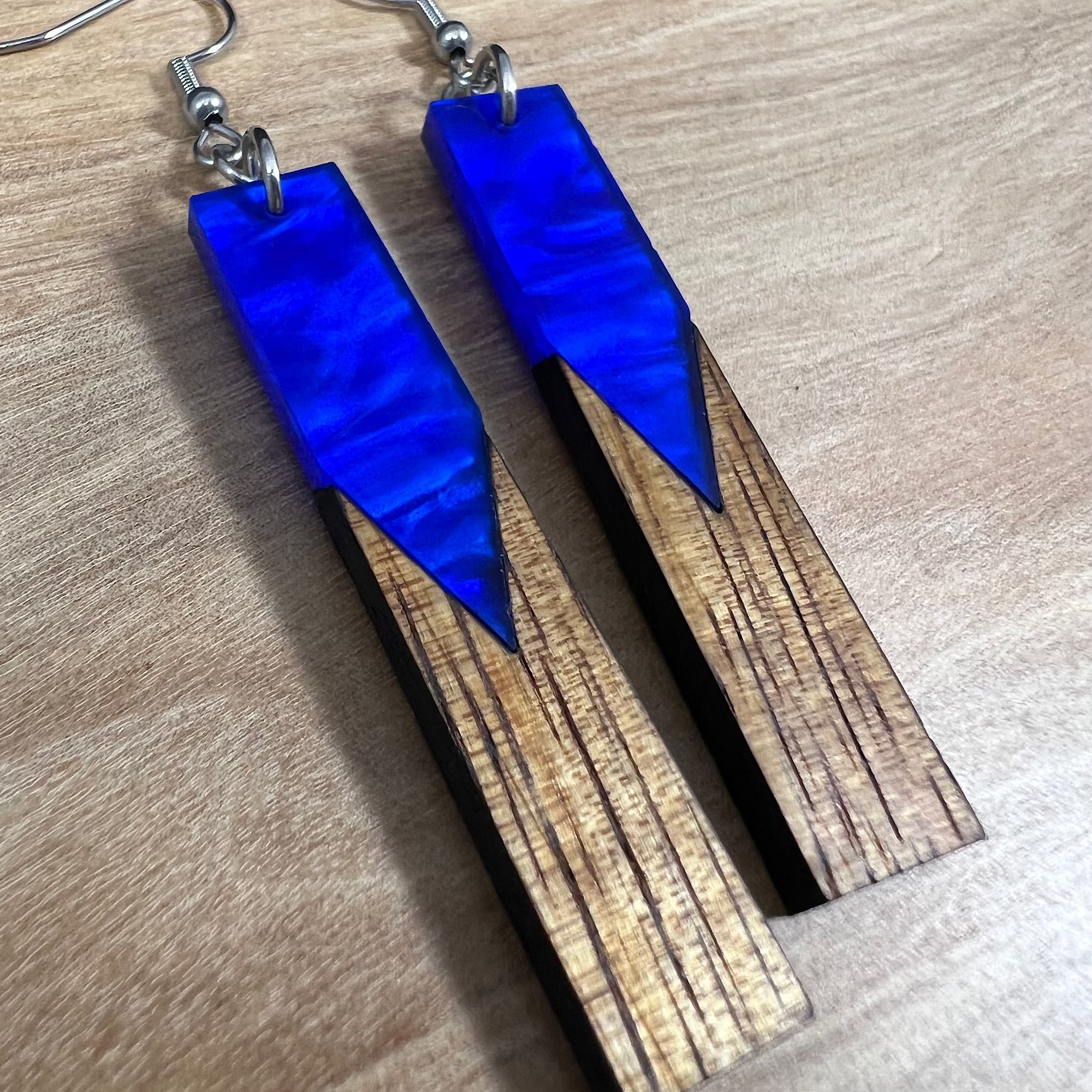 Acrylic and Koa Wood Earrings Ocean Blue Pearl