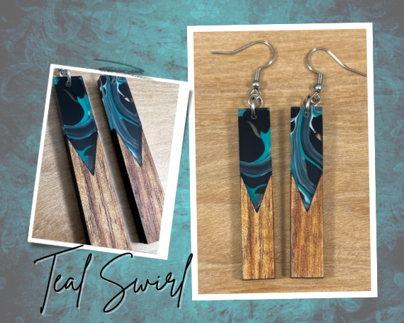 Acrylic and Koa Wood Earrings Teal Swirl