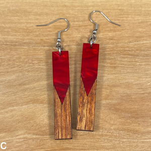 Acrylic and Koa Wood Earrings Red Pearl