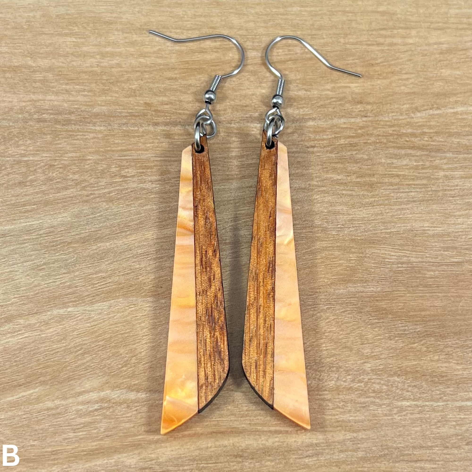 Acrylic and Koa Wood Earrings Orange Pearl