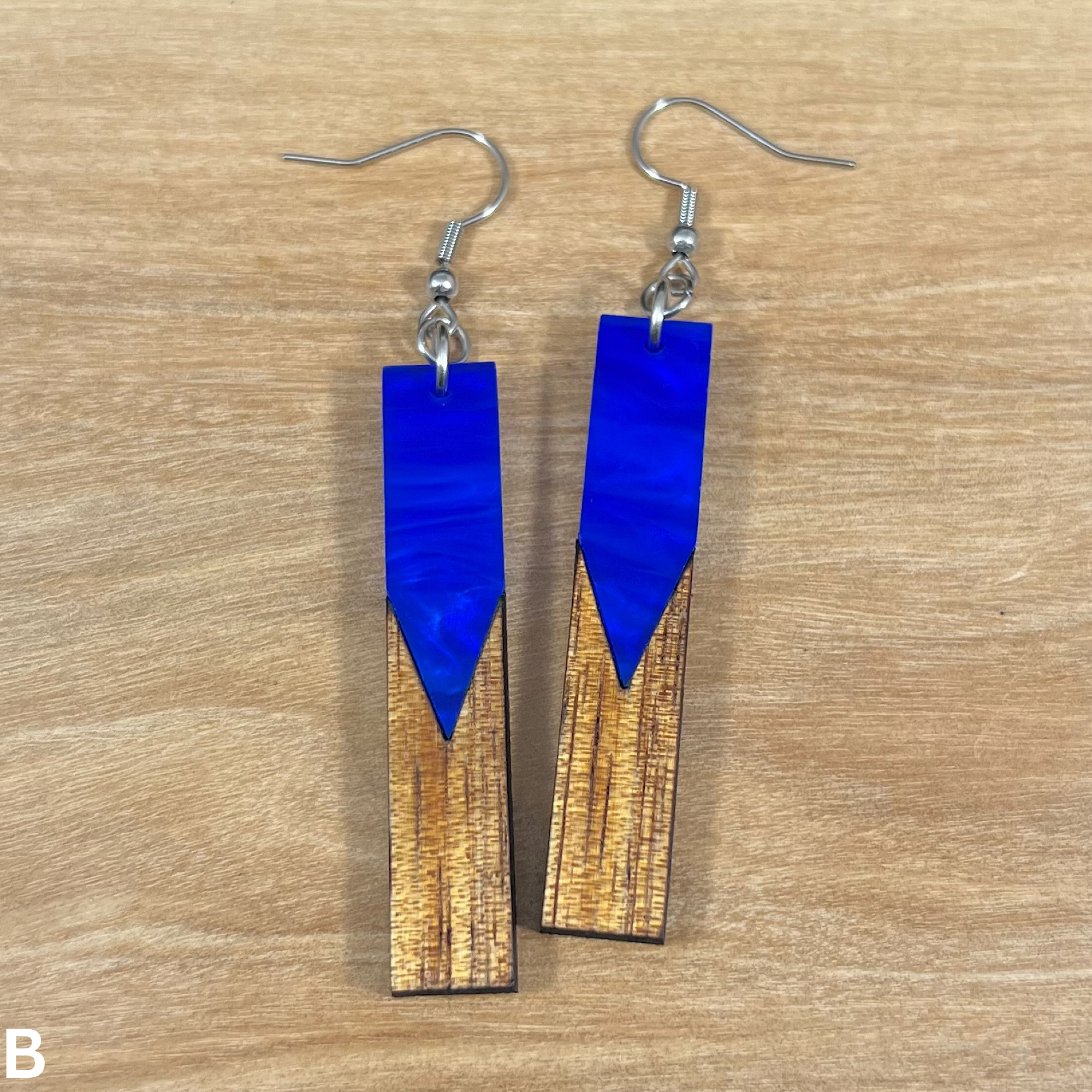 Acrylic and Koa Wood Earrings Ocean Blue Pearl