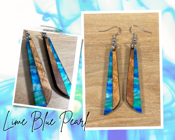 Acrylic and Koa Wood Earrings Lime Blue Pearl