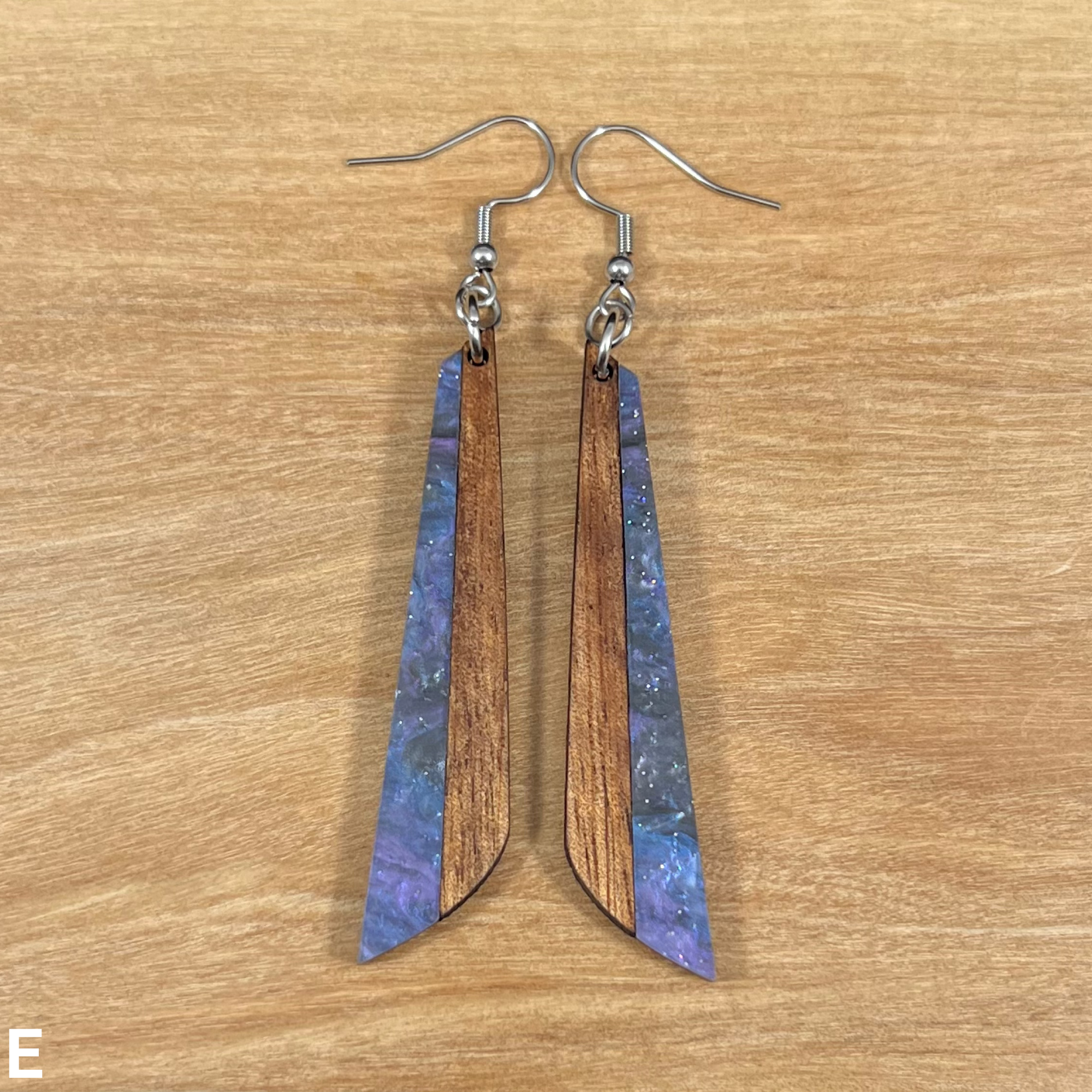 Acrylic and Koa Wood Earrings Purple Starry Sky