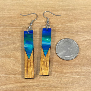 Acrylic and Koa Wood Earrings Lime Blue Pearl