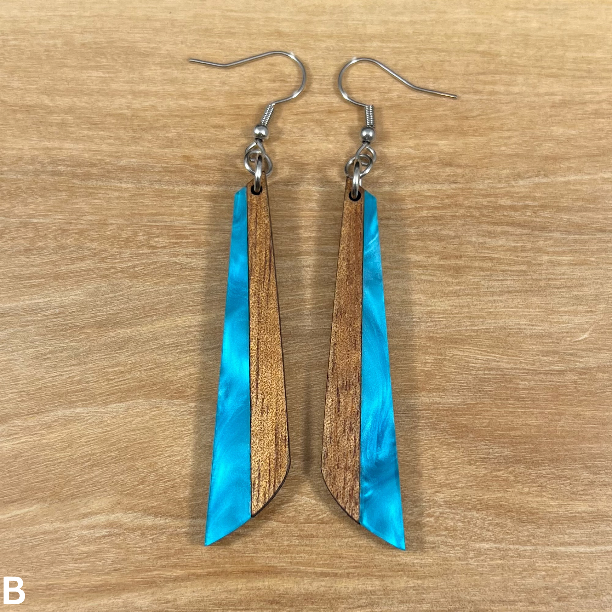 Acrylic and Koa Wood Earrings Blue Pearl