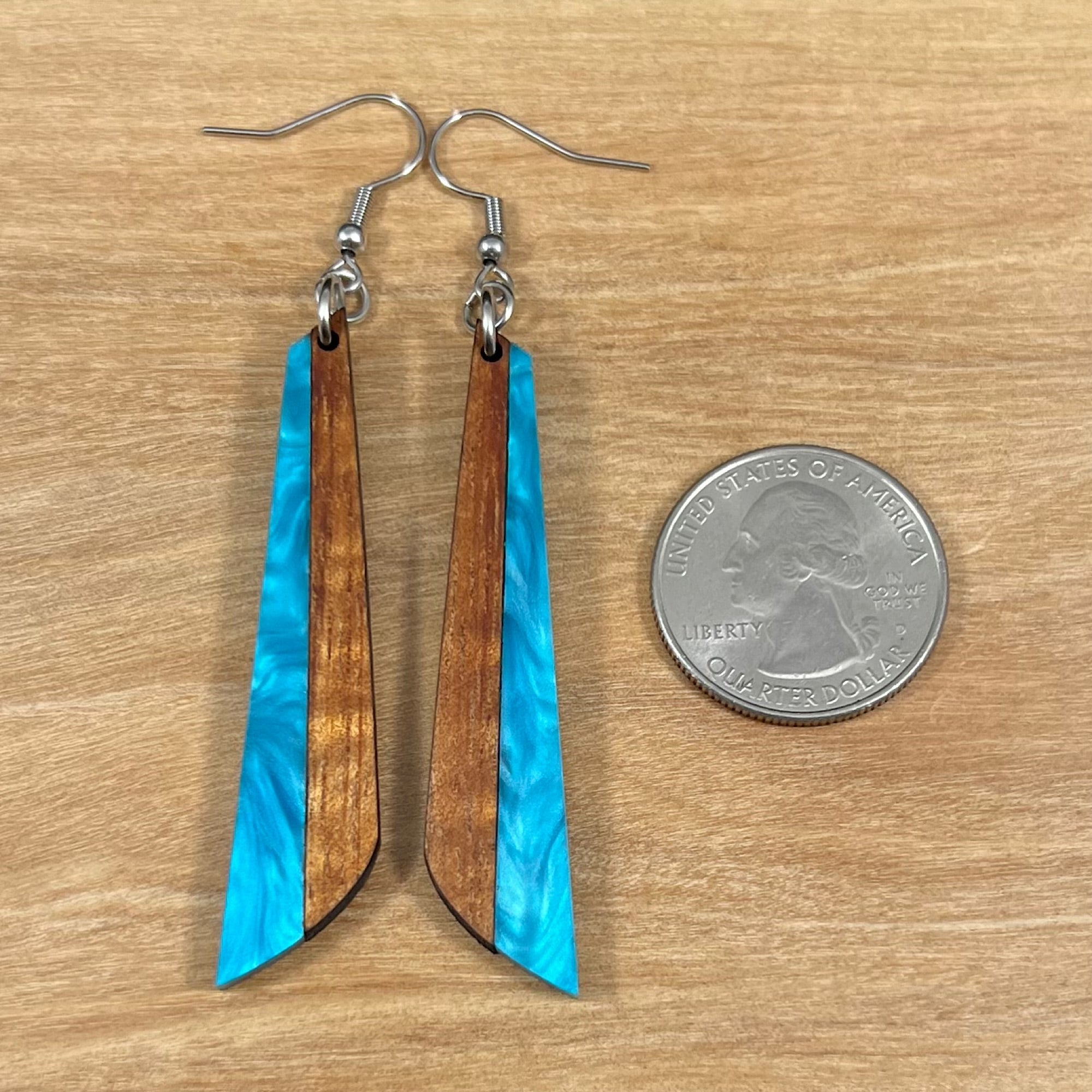 Acrylic and Koa Wood Earrings Blue Pearl