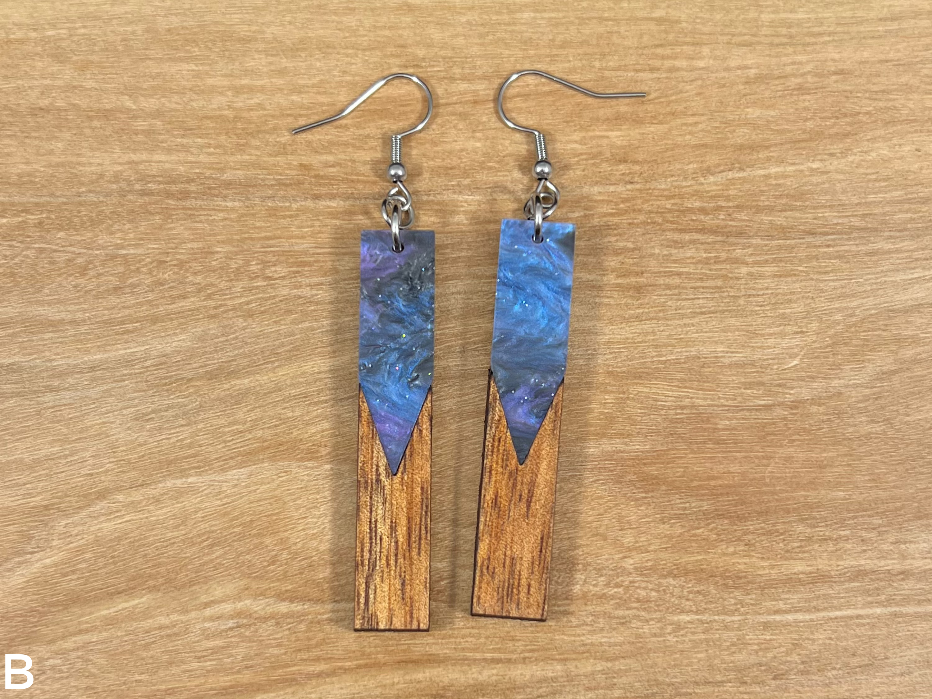 Acrylic and Koa Wood Earrings Purple Starry Sky