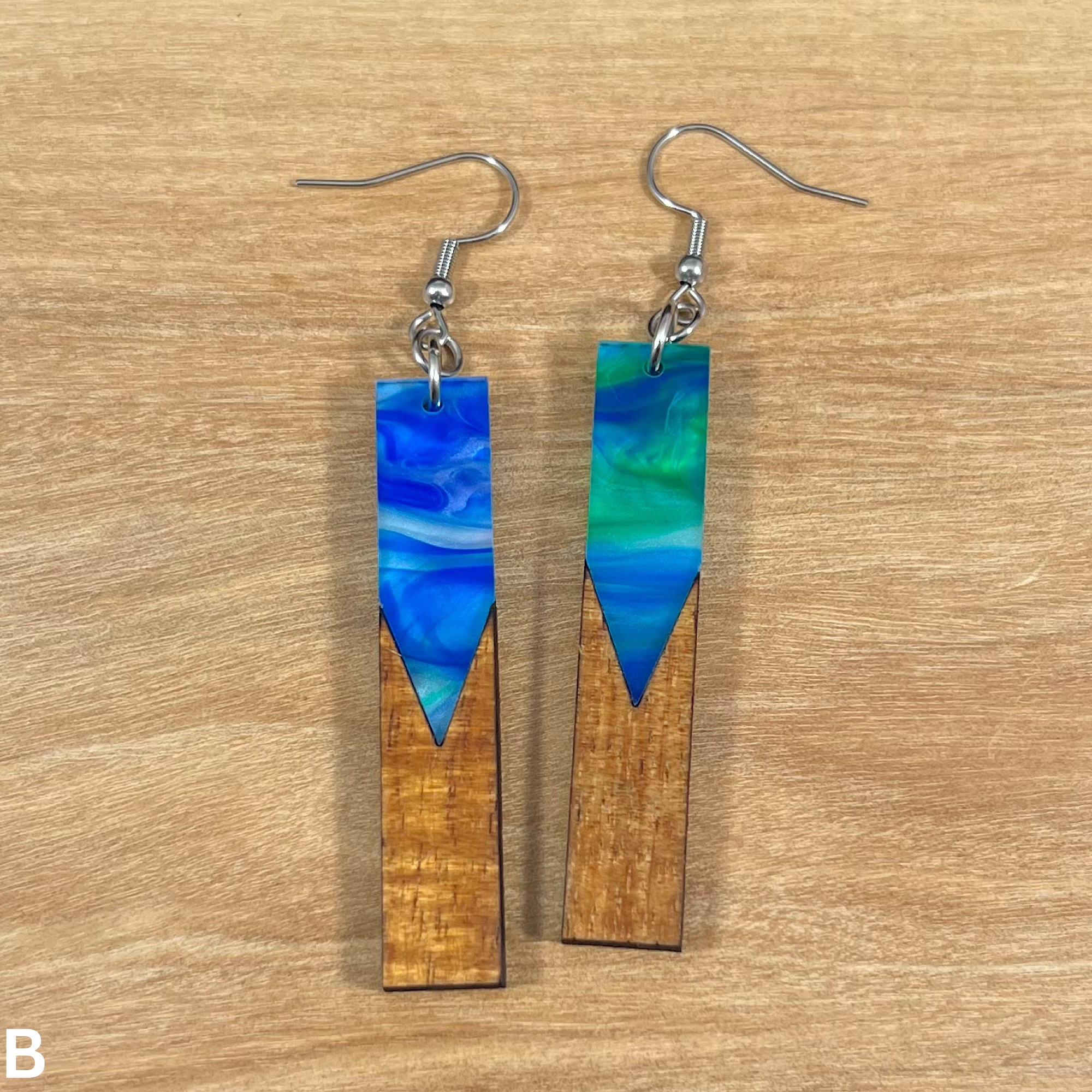 Acrylic and Koa Wood Earrings Lime Blue Pearl