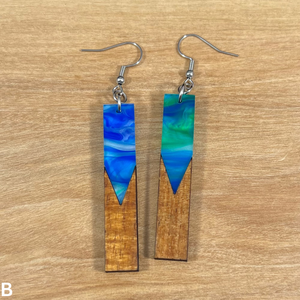 Acrylic and Koa Wood Earrings Lime Blue Pearl