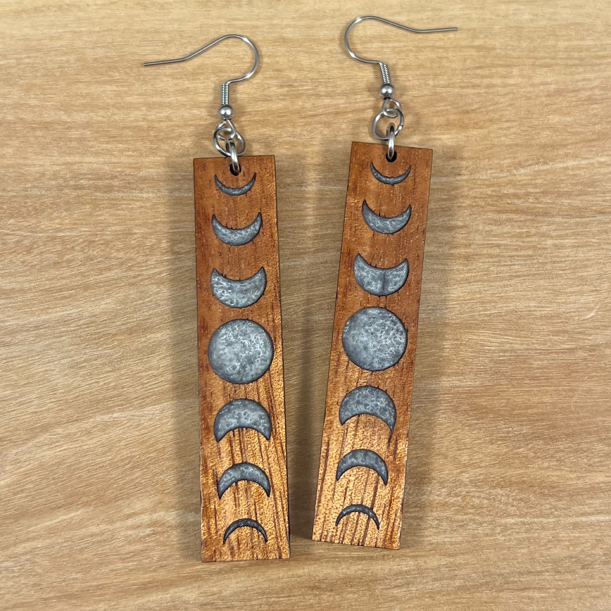 Koa and Resin Moon Phase Earrings