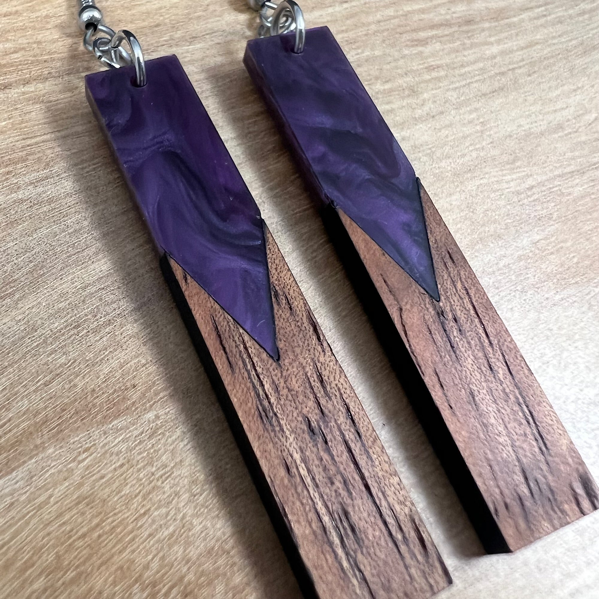 Acrylic and Koa Wood Earrings Purple Pearl