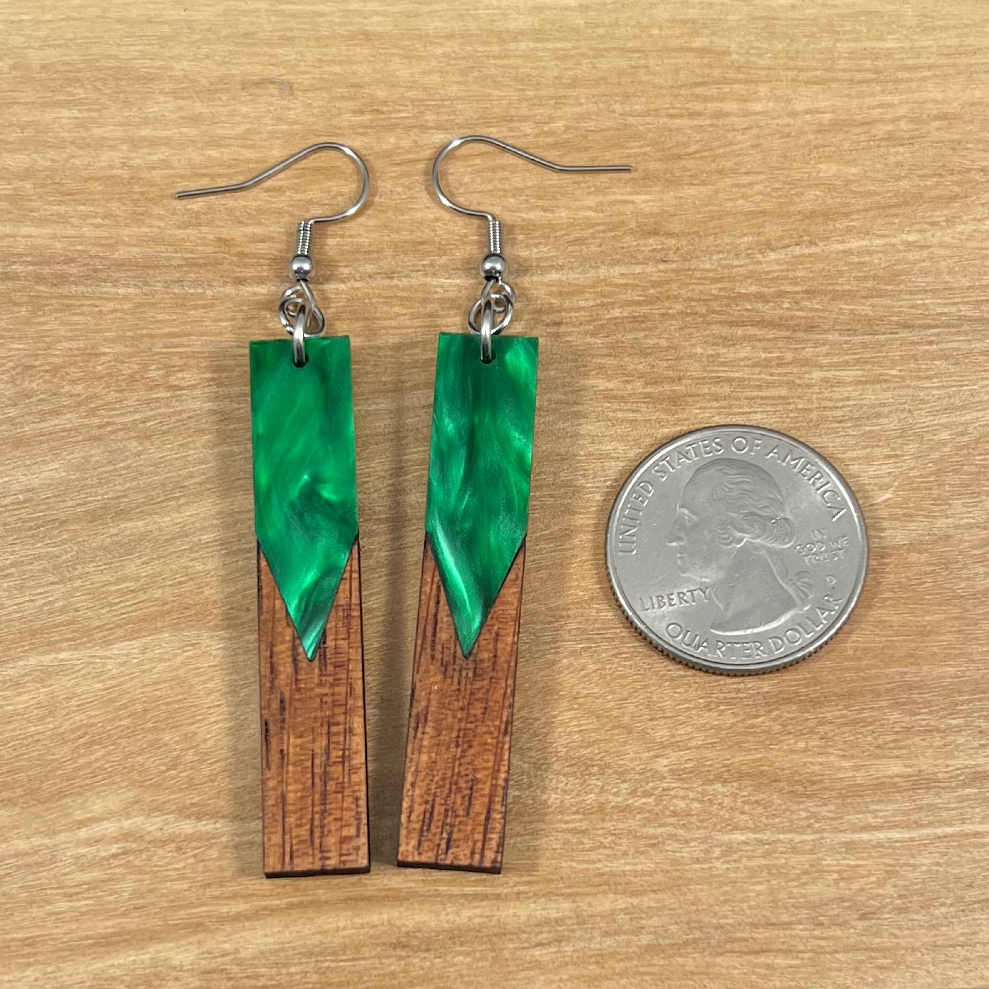 Acrylic and Koa Wood Earrings Green Pearl