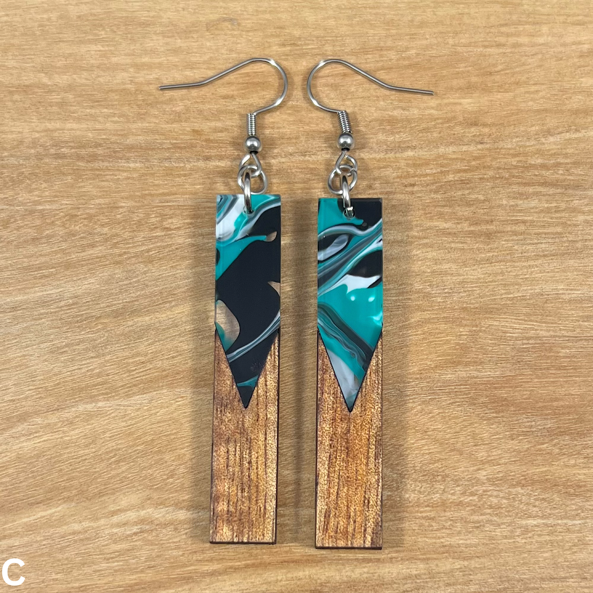 Acrylic and Koa Wood Earrings Teal Swirl