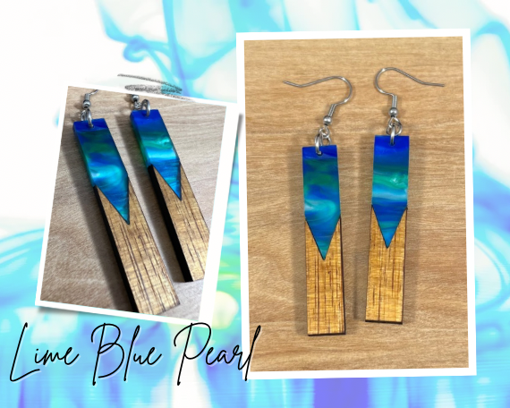 Acrylic and Koa Wood Earrings Lime Blue Pearl