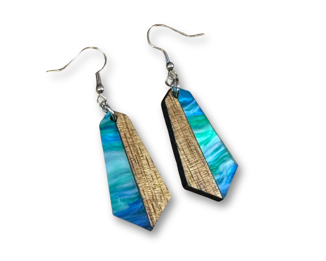 Acrylic and Koa Wood Earrings Lime Blue Pearl