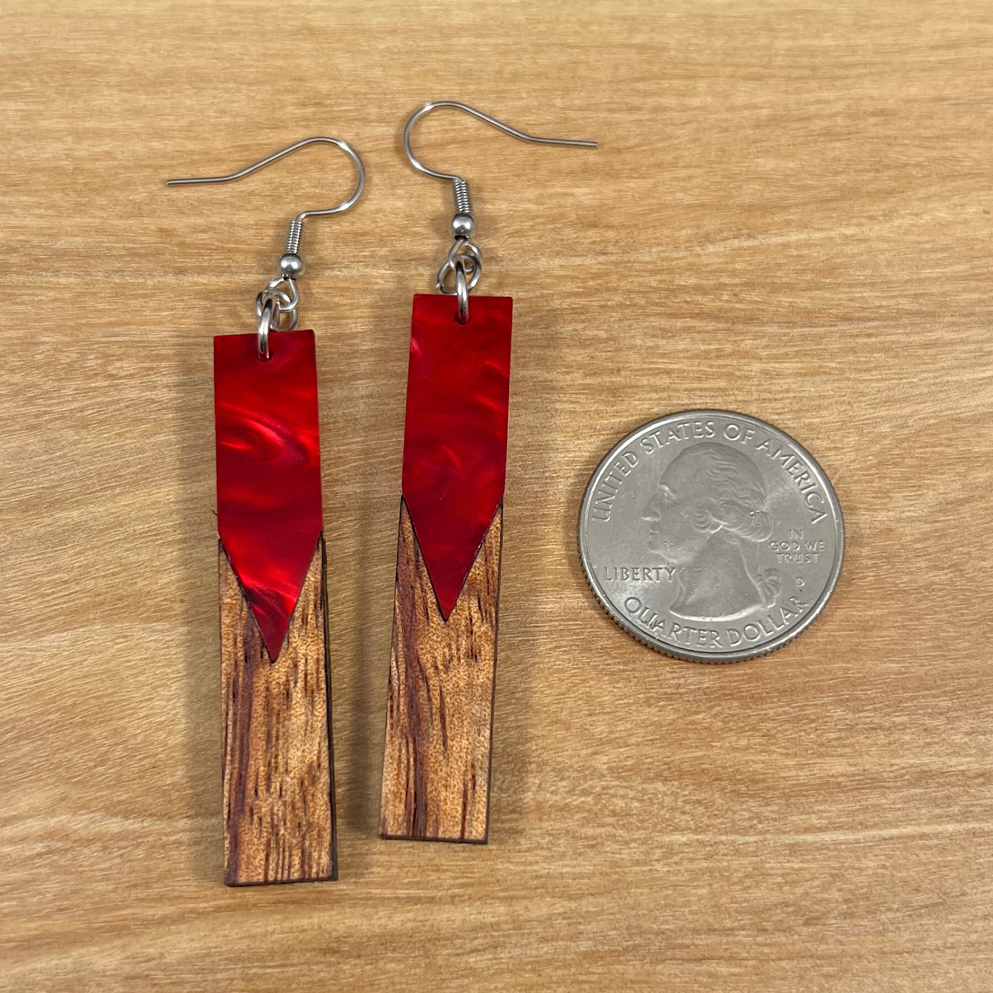 Acrylic and Koa Wood Earrings Red Pearl