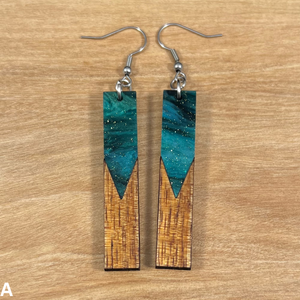 Acrylic and Koa Wood Earrings Emerald Starry Sky