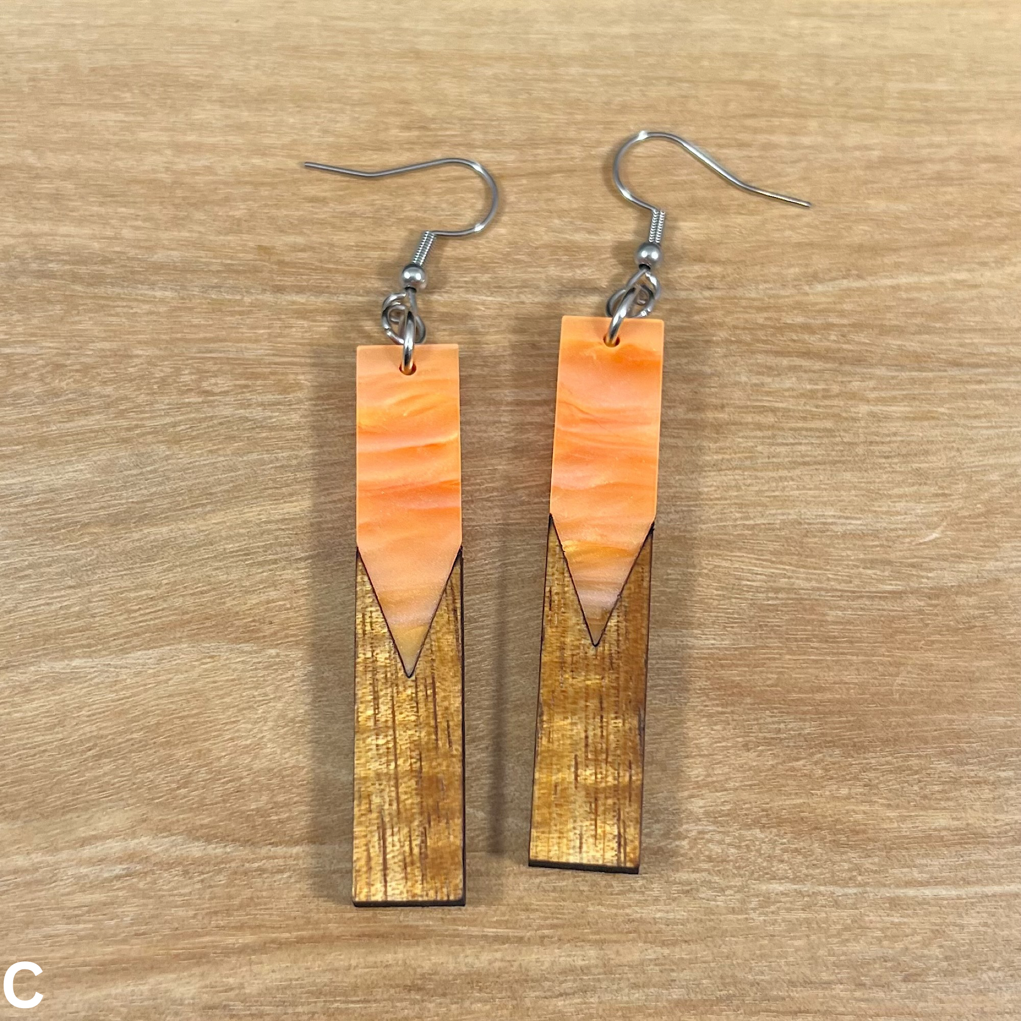 Acrylic and Koa Wood Earrings Orange Pearl