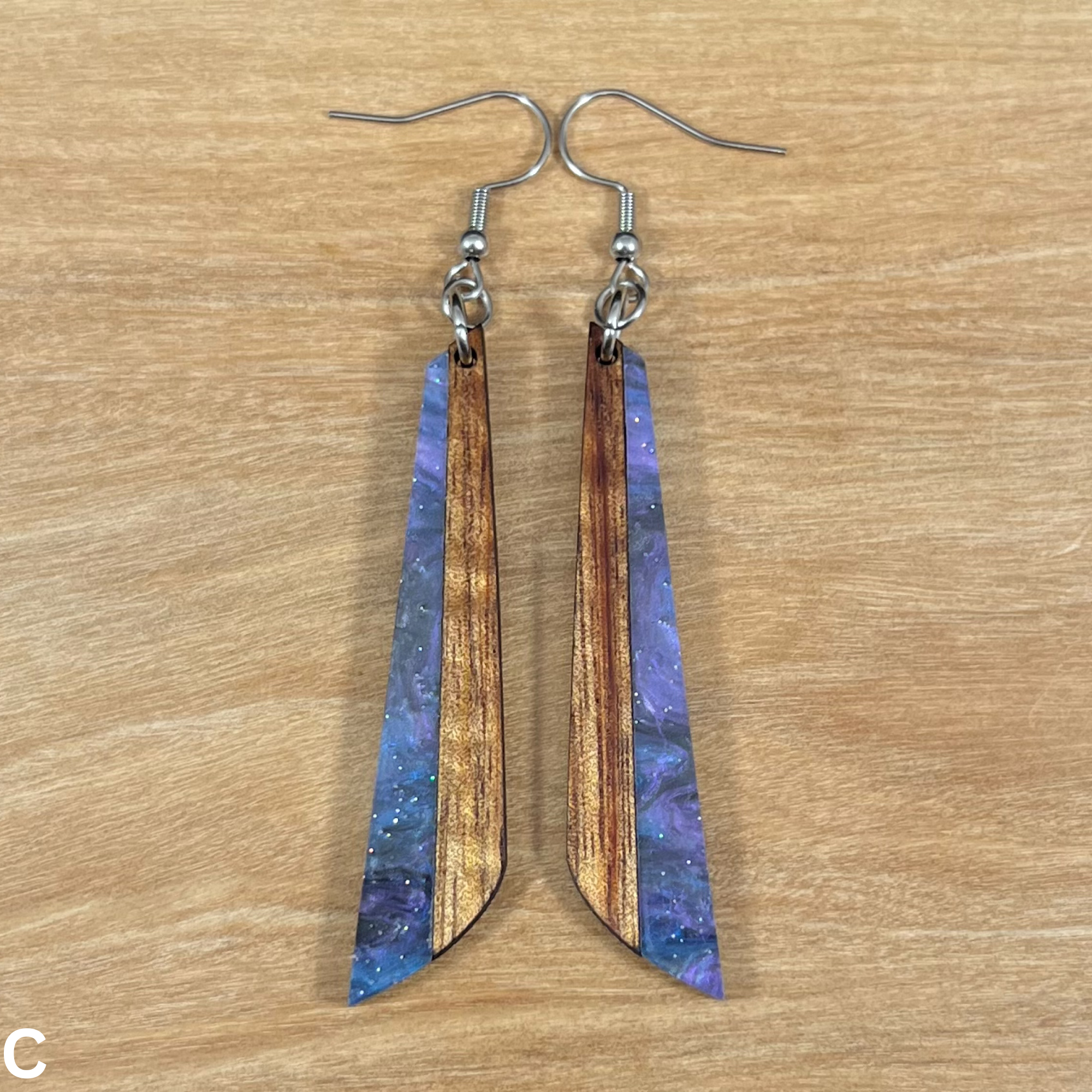 Acrylic and Koa Wood Earrings Purple Starry Sky