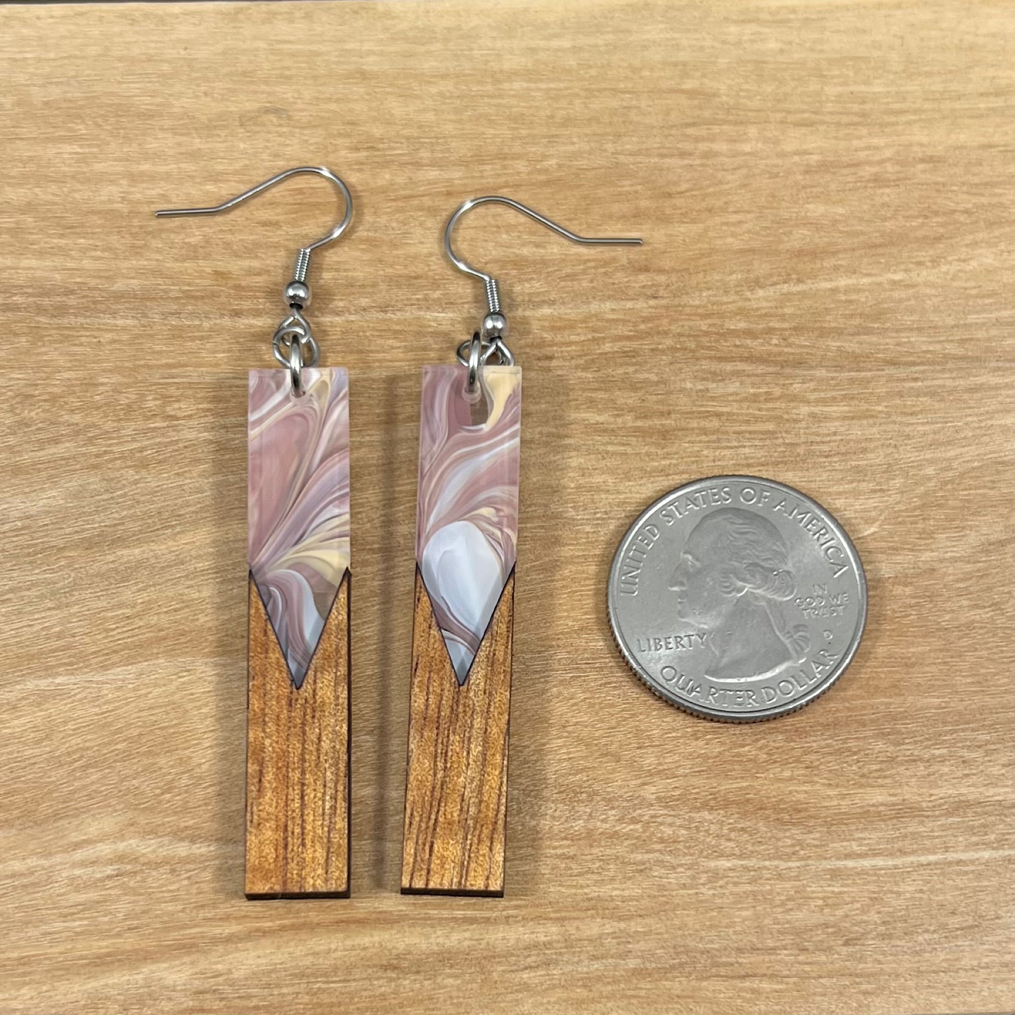 Acrylic and Koa Wood Earrings Mauve Swirl