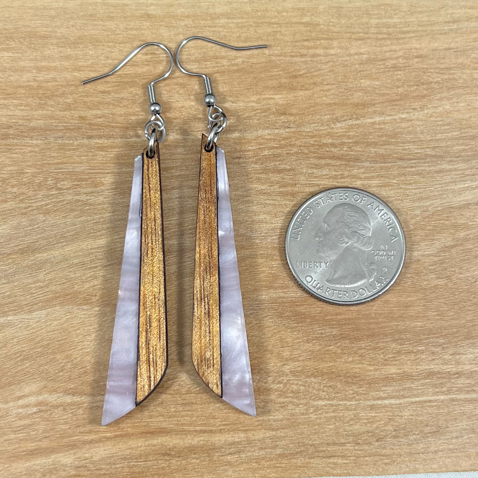 Acrylic and Koa Wood Earrings Light Pink Pearl