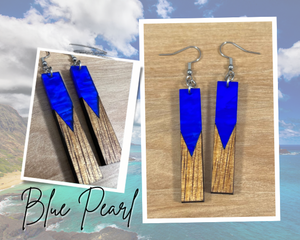 Acrylic and Koa Wood Earrings Ocean Blue Pearl