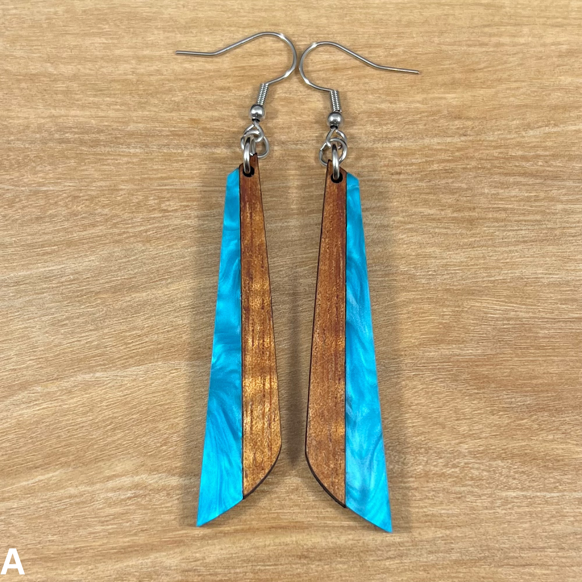 Acrylic and Koa Wood Earrings Blue Pearl