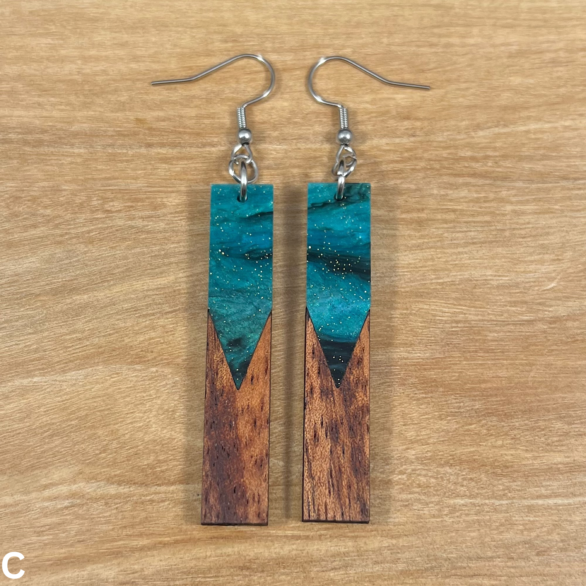 Acrylic and Koa Wood Earrings Emerald Starry Sky