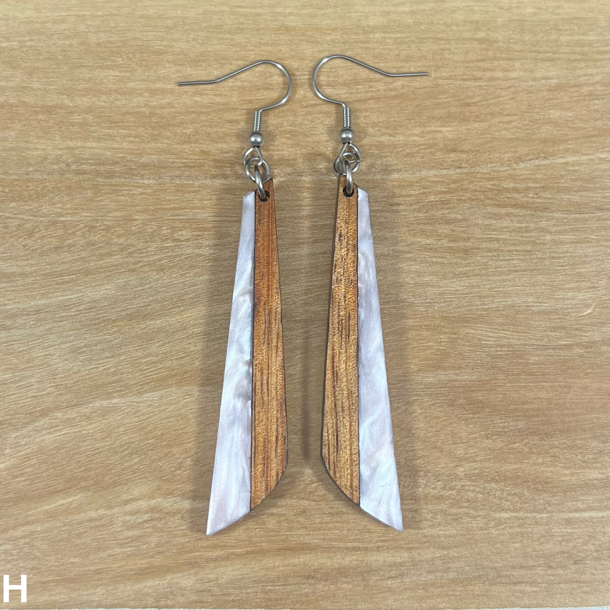 Acrylic and Koa Wood Earrings Light Pink Pearl