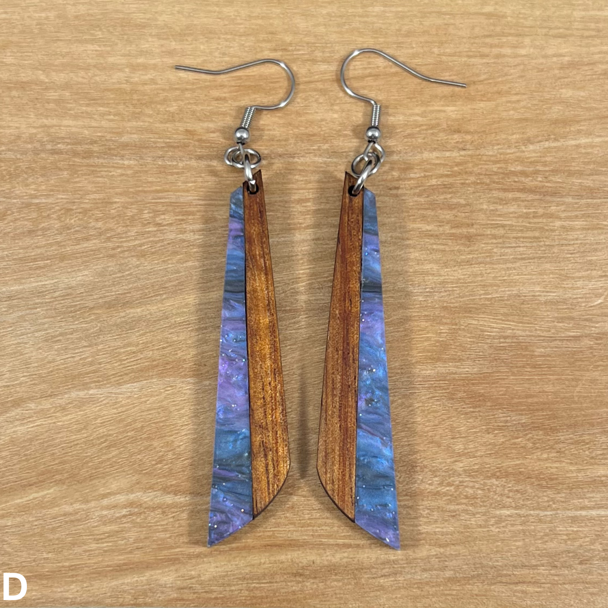 Acrylic and Koa Wood Earrings Purple Starry Sky