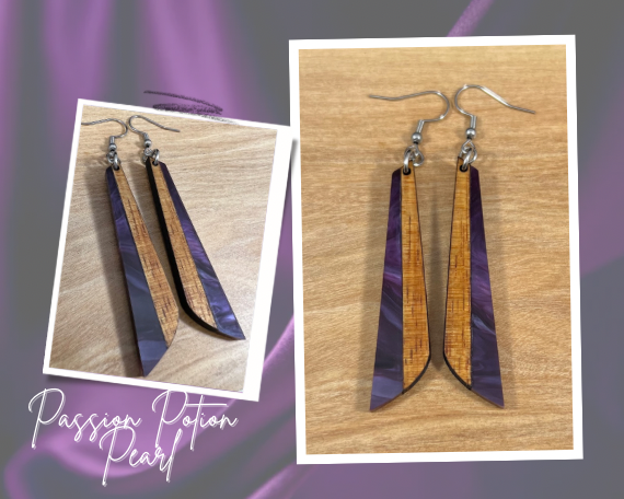 Acrylic and Koa Wood Earrings Passion Potion Pearl