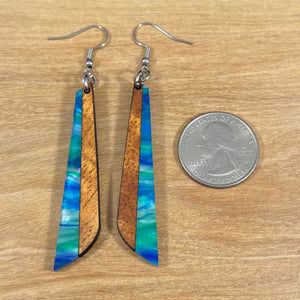 Acrylic and Koa Wood Earrings Lime Blue Pearl